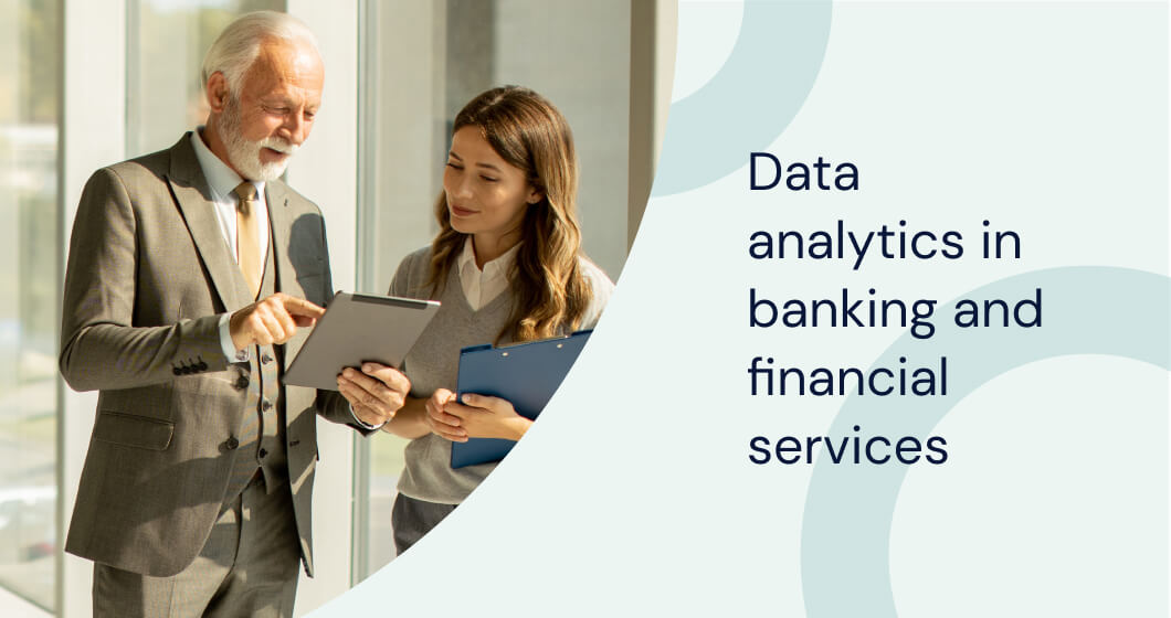 Banner with a digital interface showing data points and graphs, representing data analytics in banking.